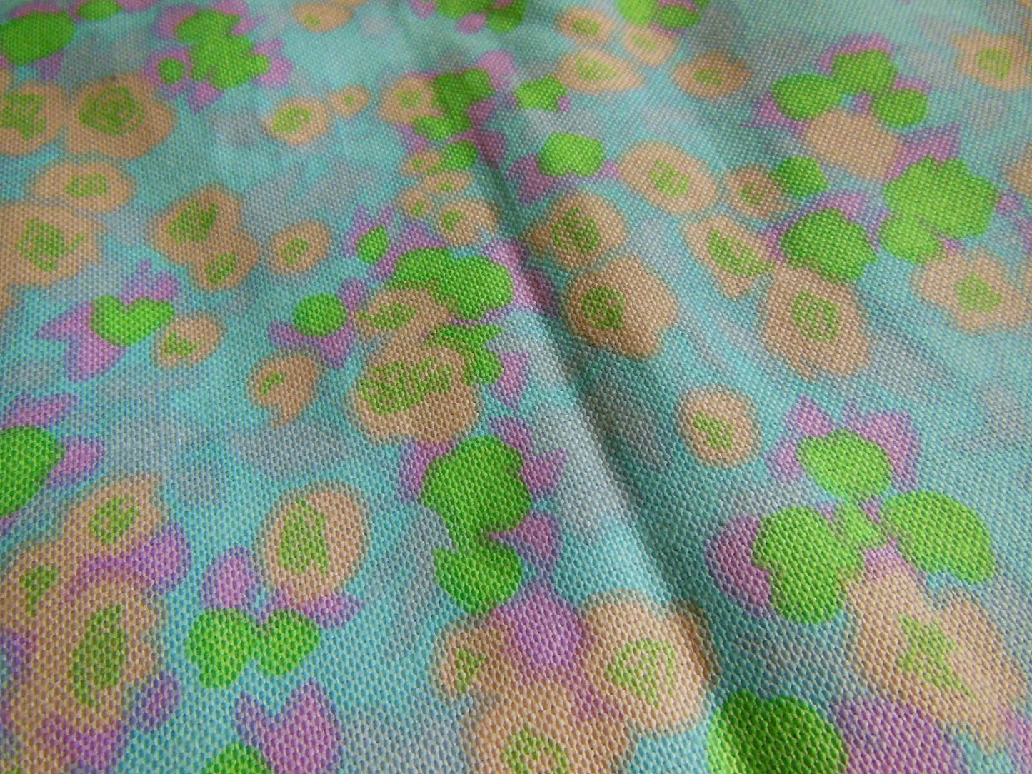 Ancien coupon tissu vintage bleu vert saumon fleur 1 m 90 sur 1 mètre B6