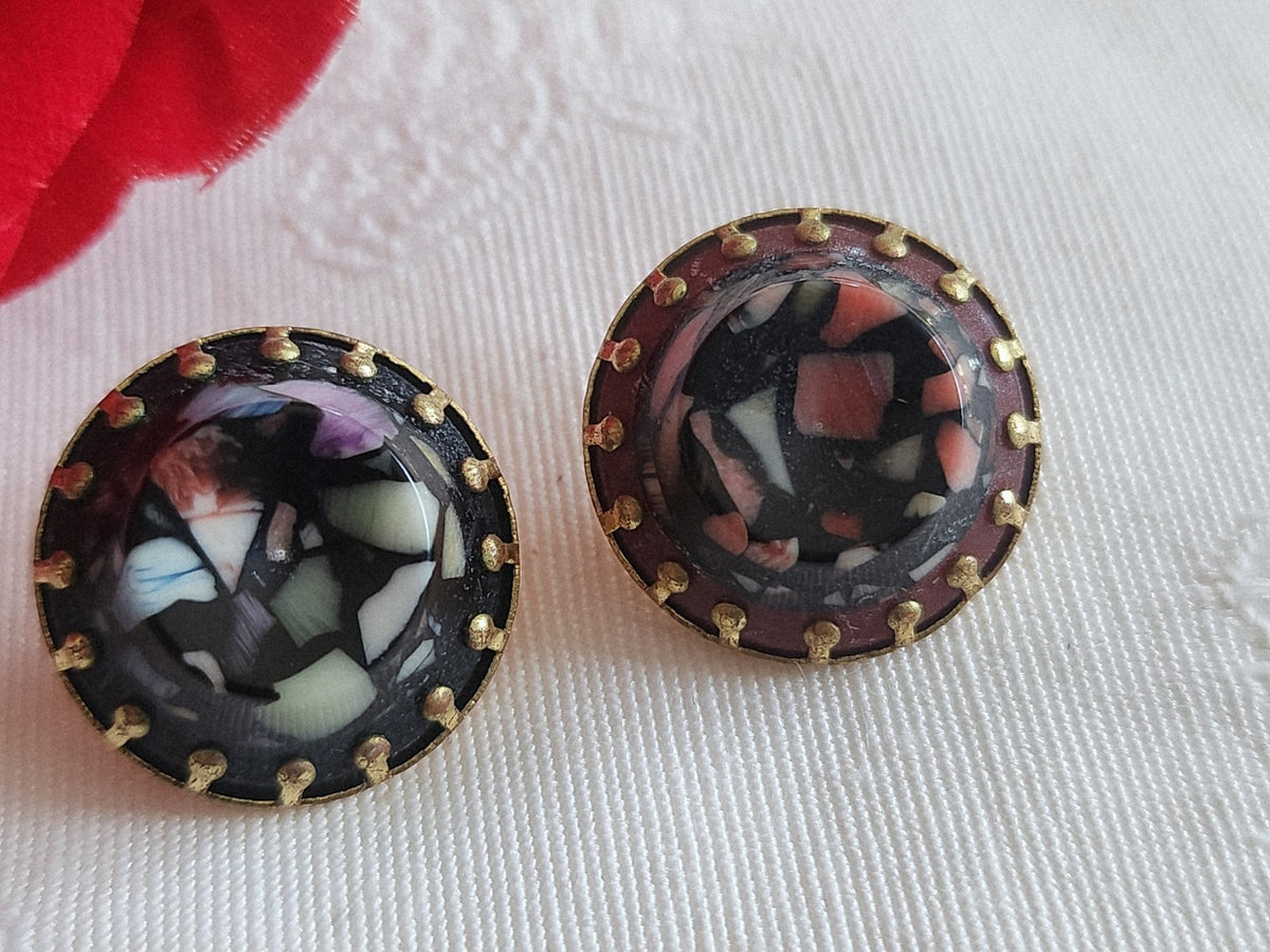 Collection duo boutons anciens effet mosaique  pied métal 1,8 cm D15i