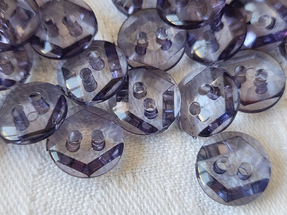 Lot 29 boutons vintage transparent violet plastique trous petits 1,1 cm ref 2983