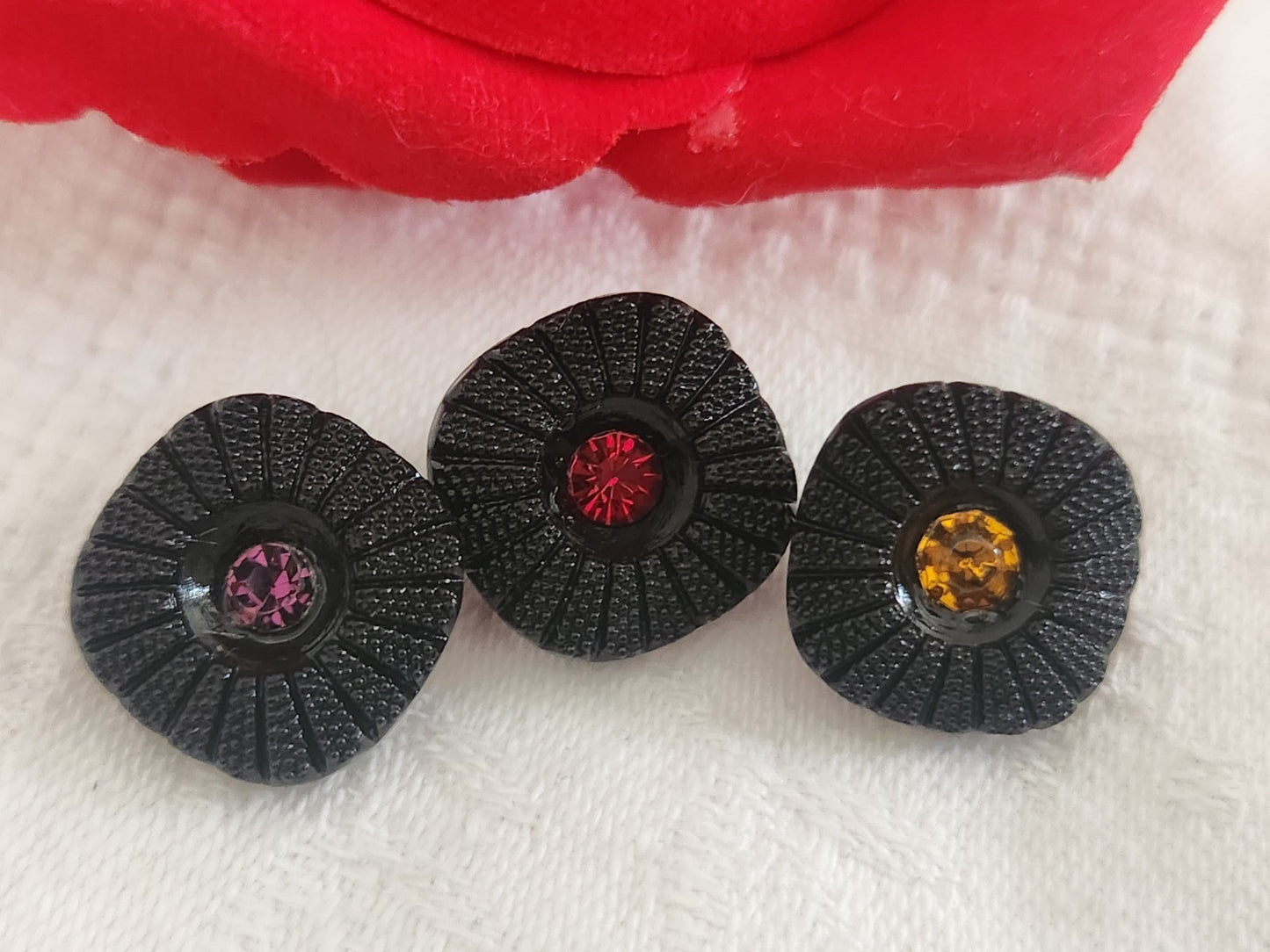 Trio bouton vintage en verre strass marguerite noir 1,6 cm ou 16 mmG19