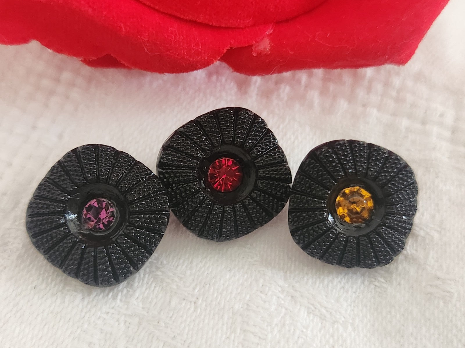 Trio bouton vintage en verre strass marguerite noir 1,6 cm ou 16 mmG19