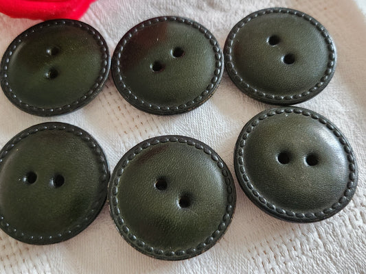 Lot 6 gros boutons anciens en cuir vert trous 38 mm ou 3,8 cm ref 6505