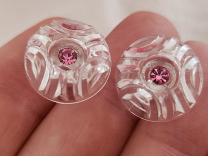 Lot 6 boutons vintage en verre transparent strass rose ou  1,7 cm ref 6356