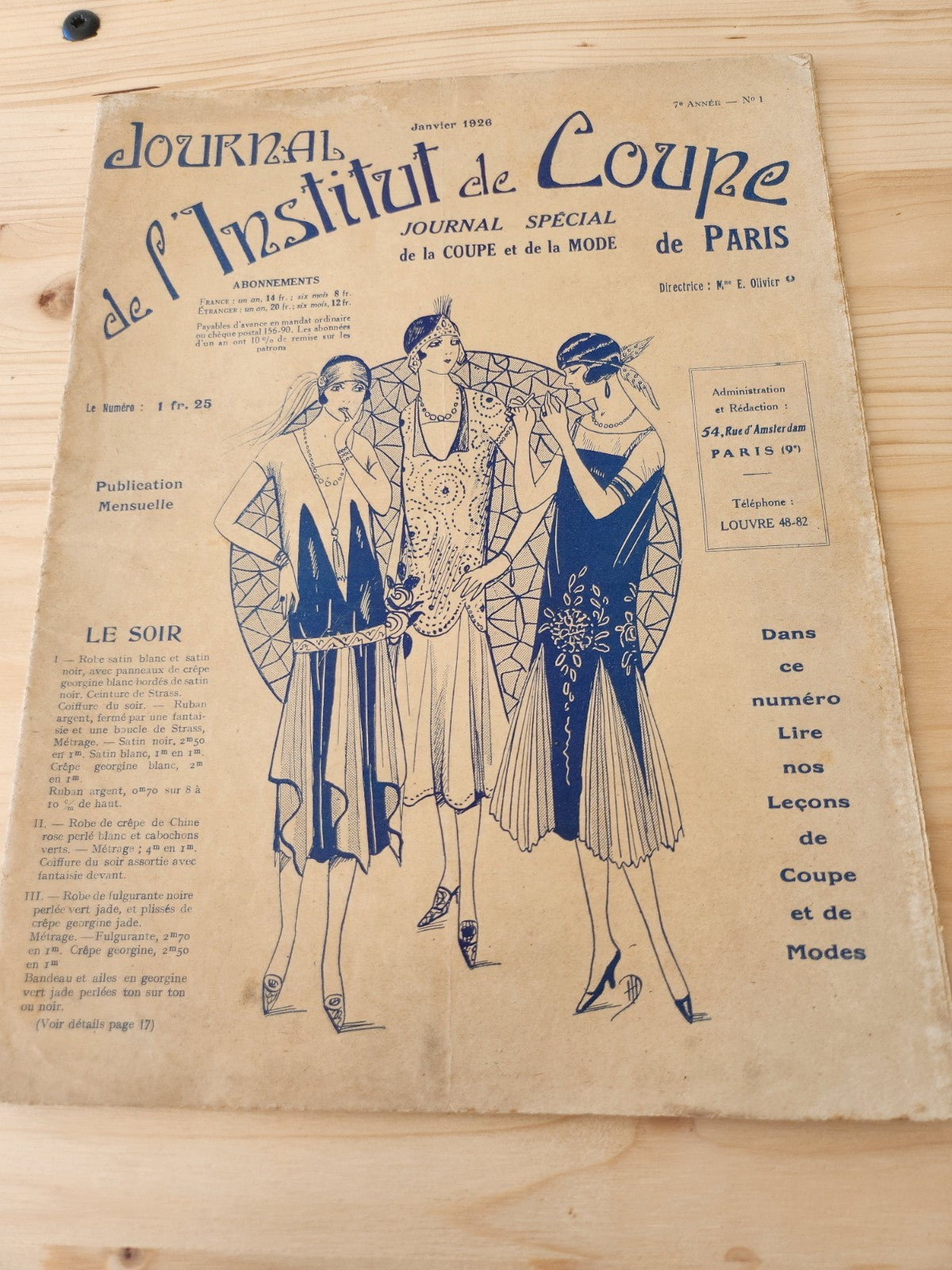 Journal de l'institut de coupe de paris année folle mode  Janvier 1926 patron