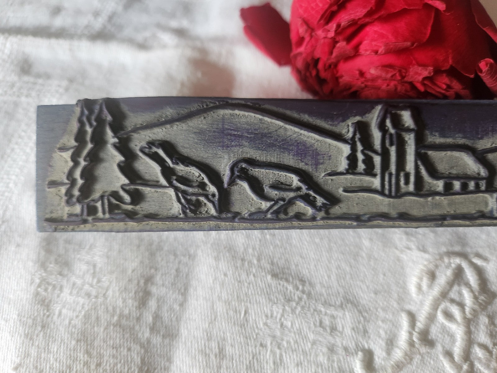 Tampon ancien frise idéale broderie paysage oiseau collection 16  cm  n°44-2