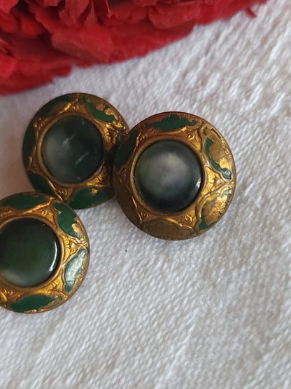 Collection Trio boutons anciens coeur en nacre vert metal 1,4 cm G17E