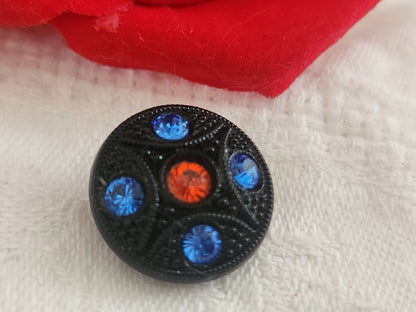 Bouton vintage en verre noir avec strass verre bleu orange 18 mm ou  1,8 cm G19G