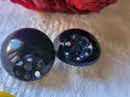 Duo boutons vintage parurier collection resine strass fleur bleu 1,8 cm G7B