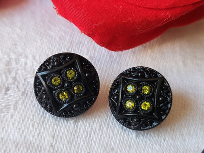 Duo boutons anciens en verre noir strass jaune vintage 1,3 cm D16A