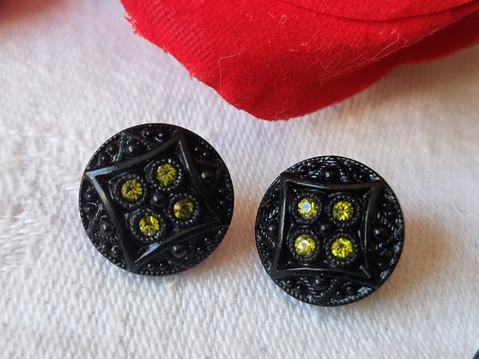 Duo boutons anciens en verre noir strass jaune vintage 1,3 cm D16A