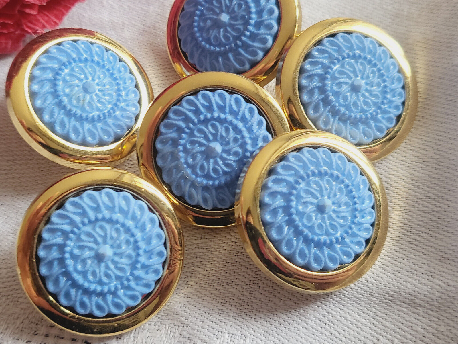 Lot 6 boutons vintage année 90 doré bleu acrylique pied 2,3 cm ref 830