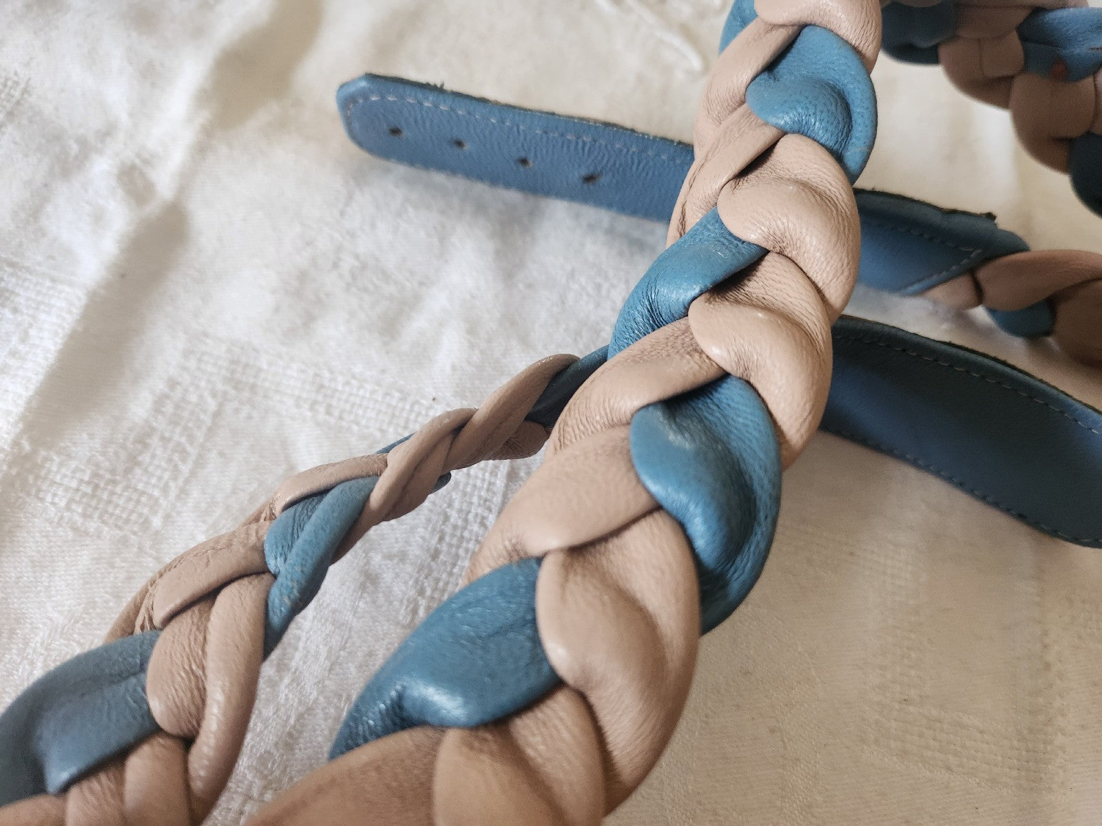 Ceinture ancienne vintage bleu et rose 74 cm à 78 cm A4