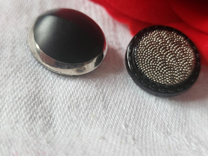 Duo boutons anciens en verre argenté vintage noir  1,8  cm D10D