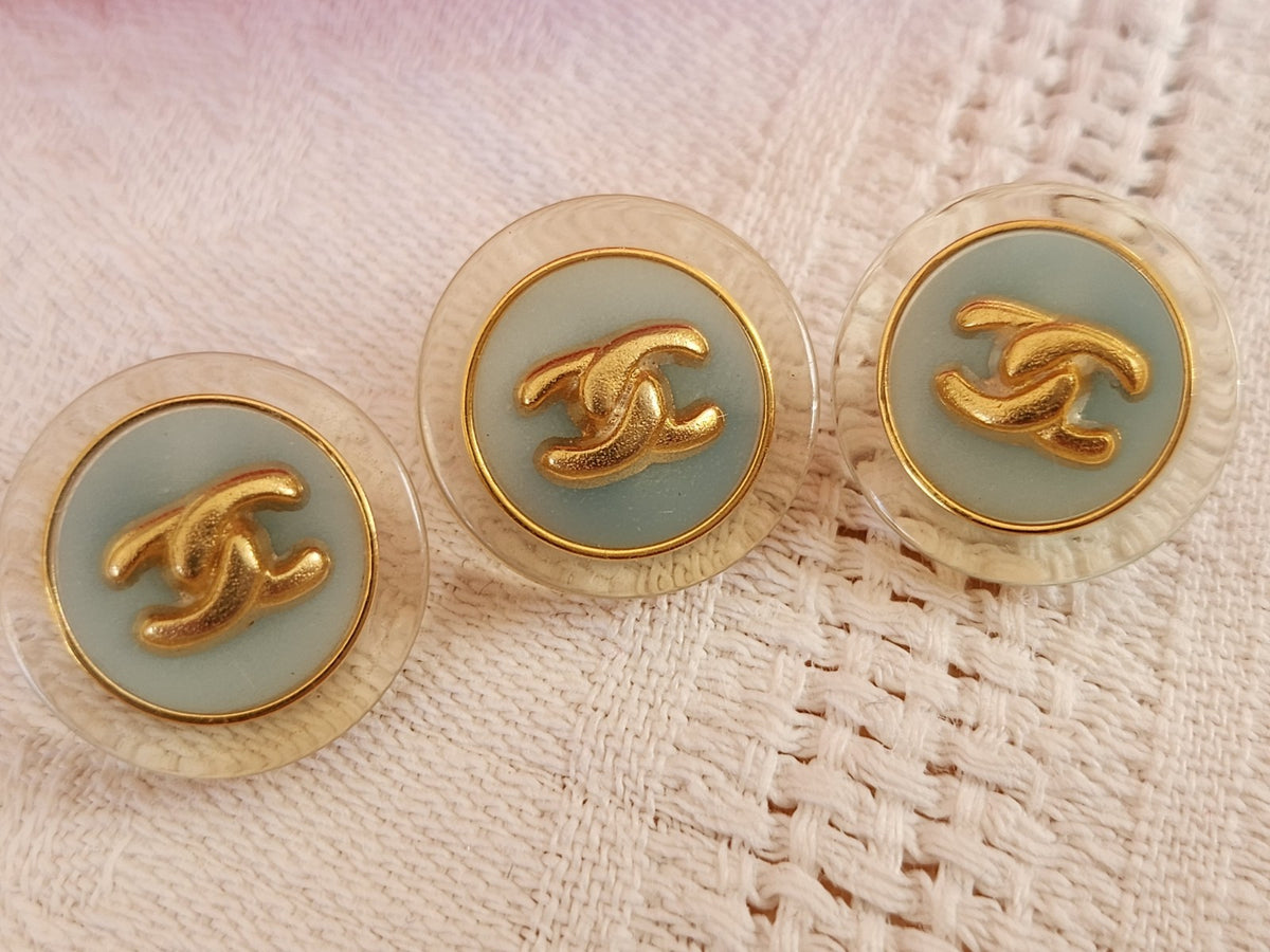 Trio  boutons vintage bleu doré siglé pied 1,7 cm 17 mm D17M