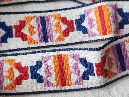 Galon vintage tissé  jaune violet bleu orange 2 métres sur 2,7 cm A2