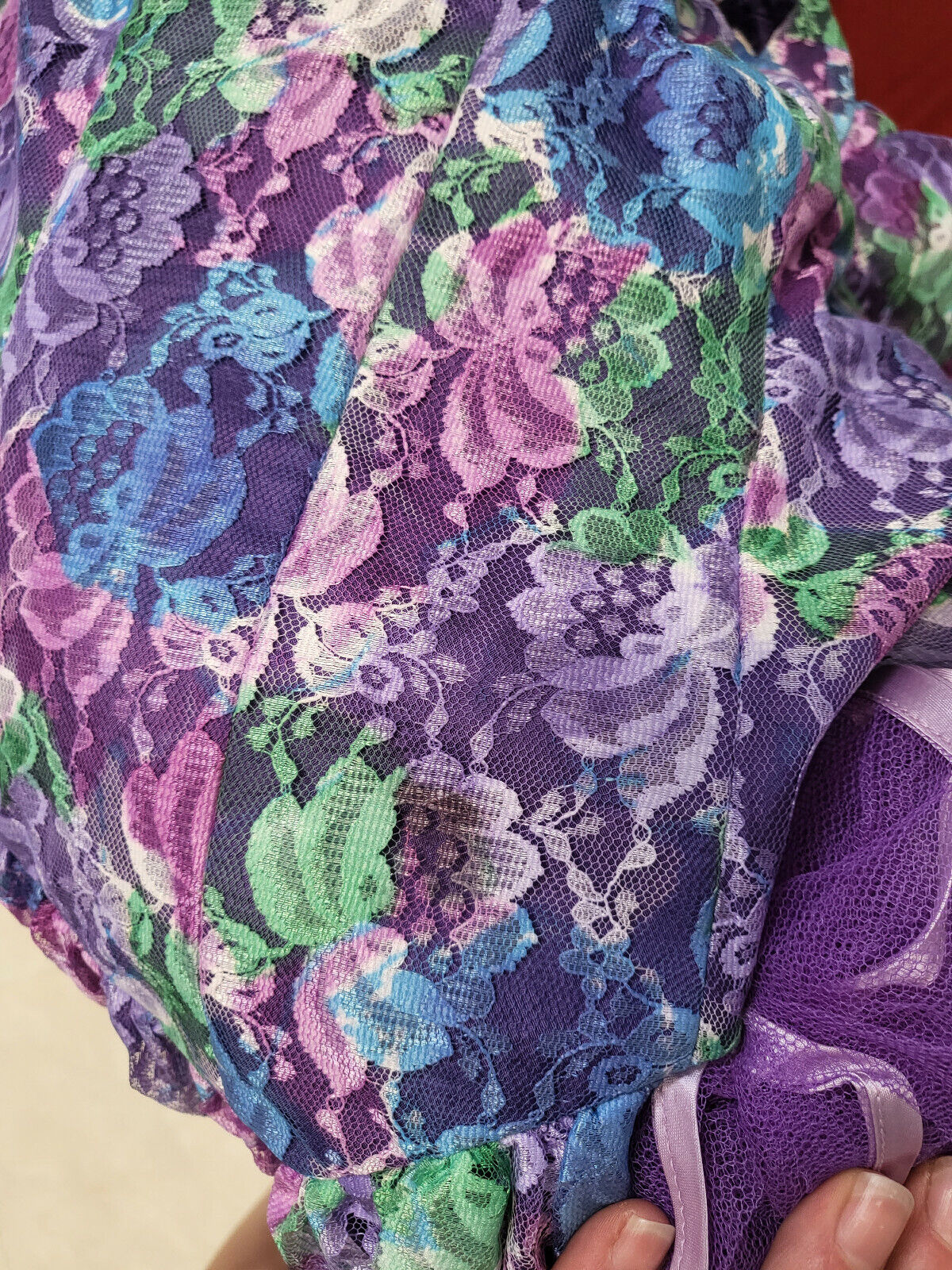 Kitch robe atypique violette vert dentelle jupon T38 Lina Innocenti ref port