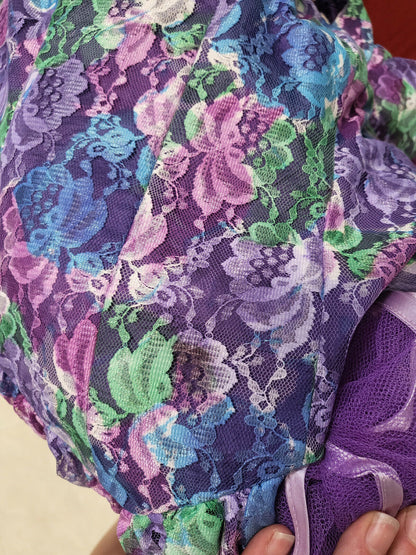 Kitch robe atypique violette vert dentelle jupon T38 Lina Innocenti ref port