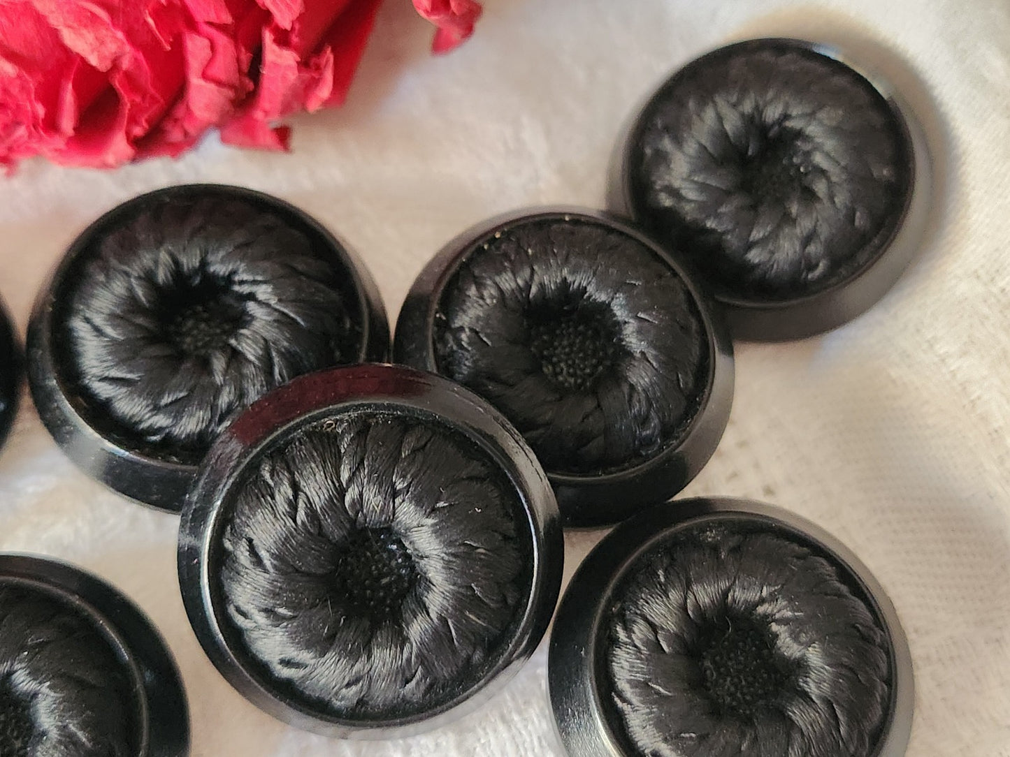 Lot 6 gros boutons anciens passementerie noir pied perlé  2,7 cm ref 2918