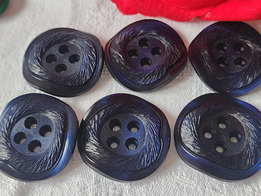 Lot 6 gros boutons anciens bleu texturé courbé vintage diamètre 3,3 cm  ref 1475
