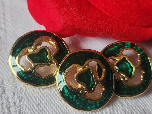 Trio boutons vintage en métal vert doré à pied 1,7 cm G17M