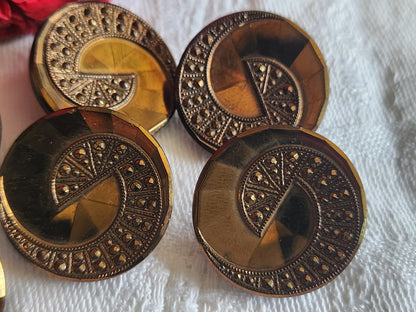 Lot 6 boutons anciens en verre marron facette superbe pied metal 2,2 cm ref 1458