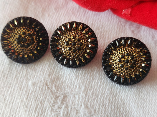 Trio petits boutons anciens en verre noir doré fleur pied 1,3 cm G2E