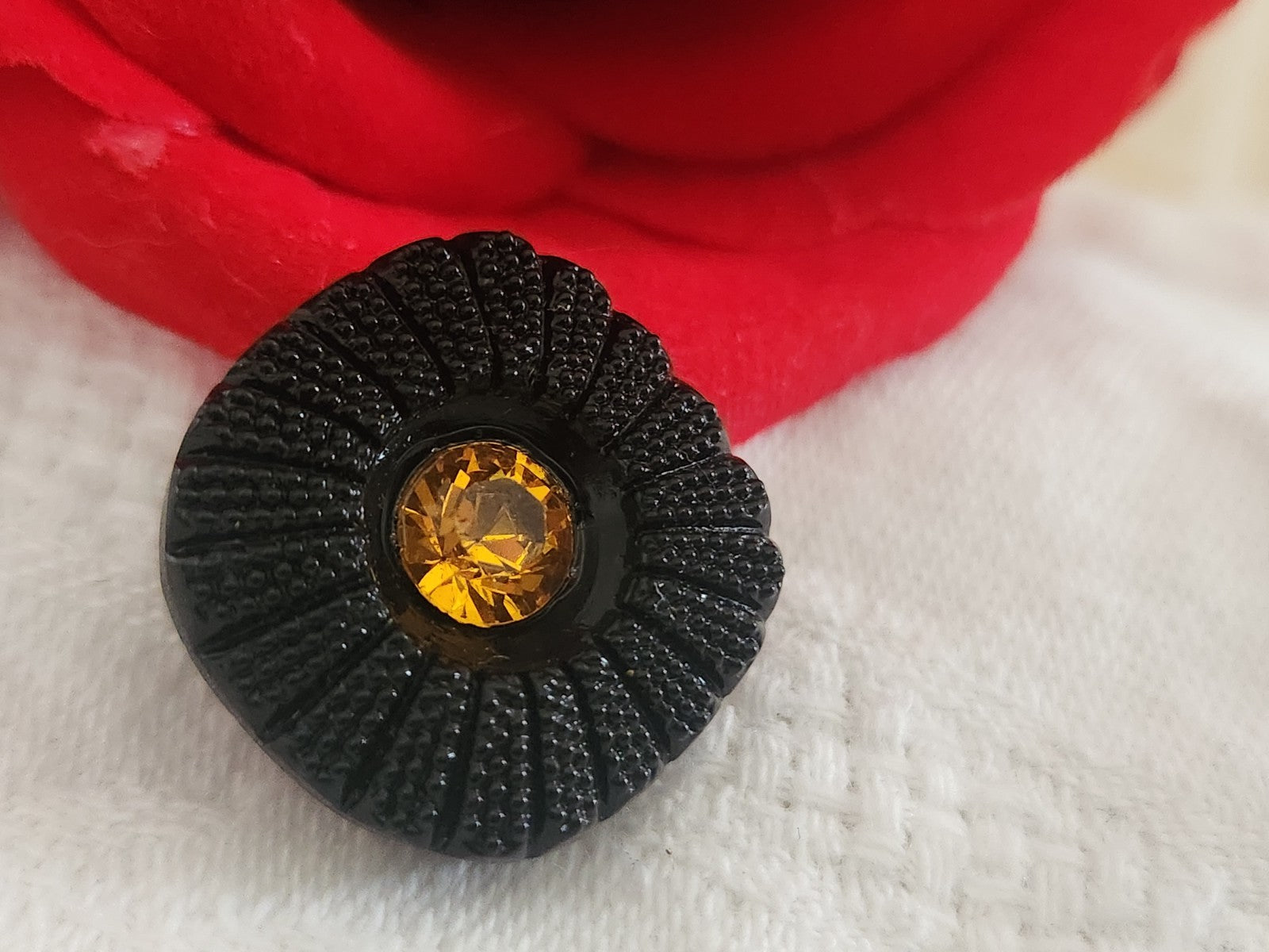 Bouton vintage en verre noir avec strass  orange marguerite 2 cm 20 mm G19H