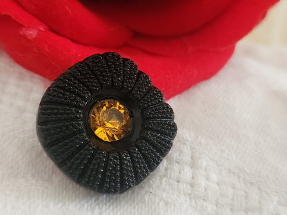 Bouton vintage en verre noir avec strass  orange marguerite 2 cm 20 mm G19H