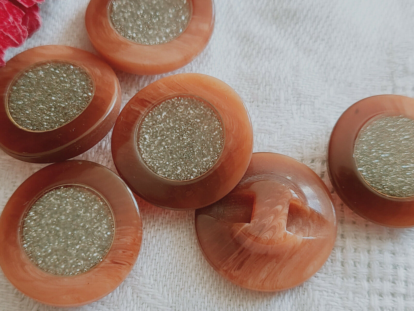 Lot 6 boutons vintage orange cœur paillette inclusion argenté 1,8 cm ref 3250