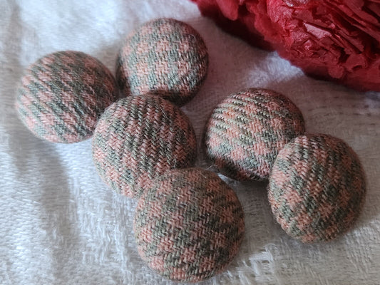 Lot 6 boutons vintage en tissu rose  gris quadrillé bombé 1,7 cm ref 2398