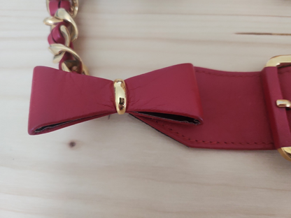 Ceinture ancienne vintage cuir rouge noeud métal doré  superbe