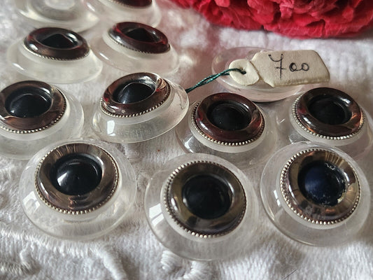 Lot 5 boutons vintage dome transparent noir argenté pied 2 cm ref 5613