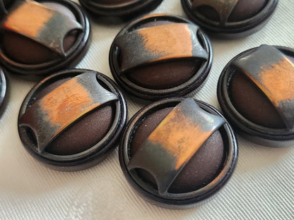 Lot 6 boutons vintage marron rehaussé de metal cuivré 2,4 cm ref 6394