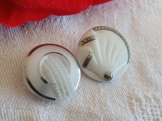 Duo boutons anciens en verre vintage blanc argenté 1,7 et 1,8 cm D14B