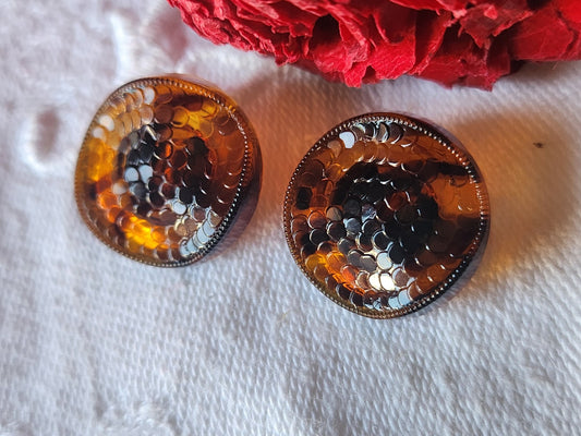 Duo boutons anciens en verre  marron effet écaille 1,7 cm vintage D11N