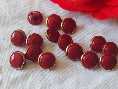 Lot 15 mini boutons vintage en verre rouge doré 1,1 cm ref 6041